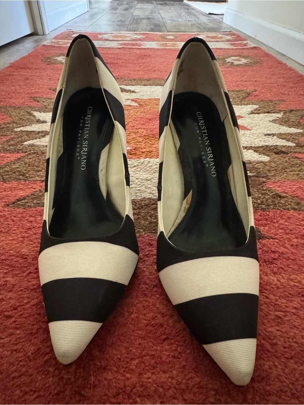 Christian Siriano Black and Cream Striped Pointed Toe Heels